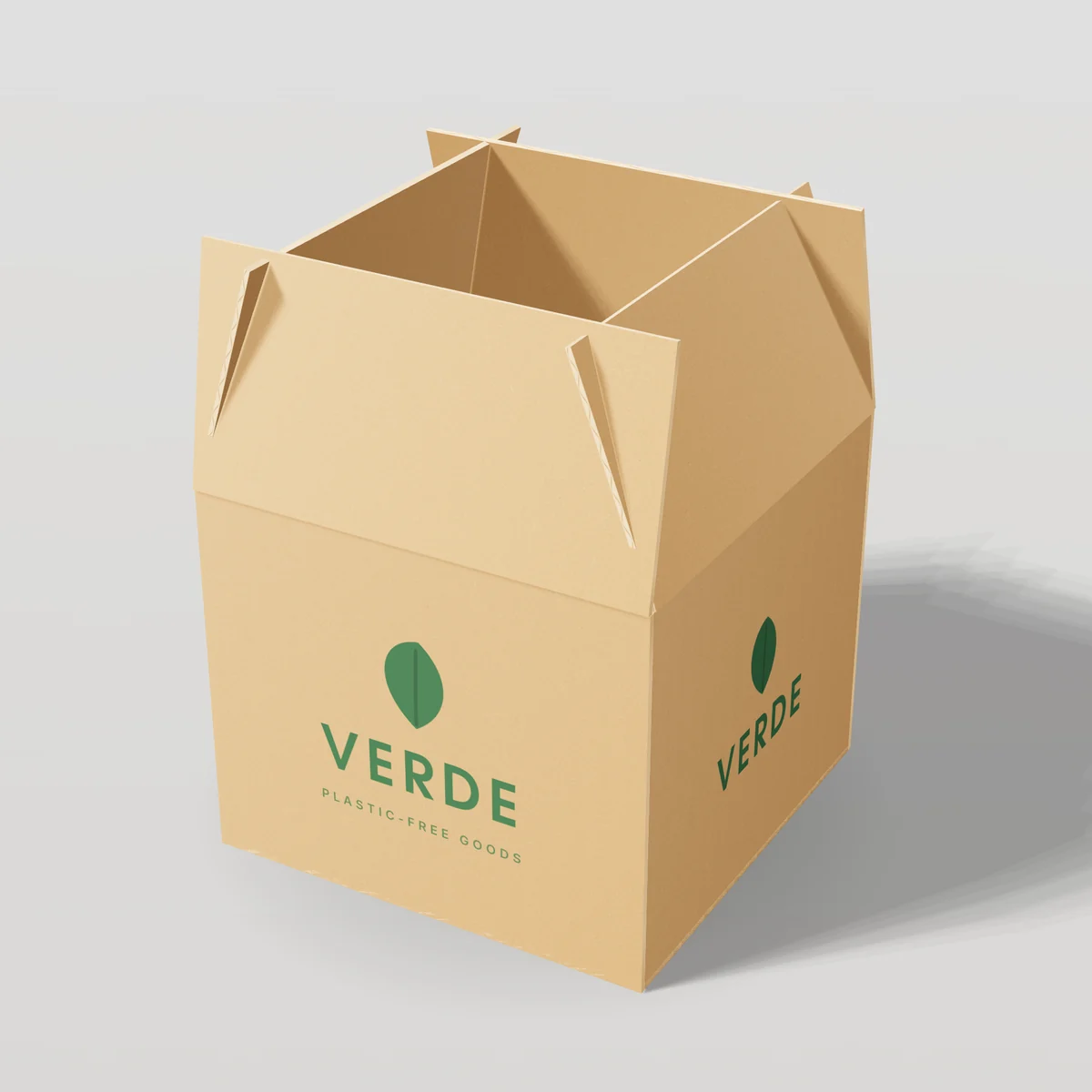 Open kraft shipping box printed with a green logo