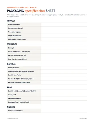 Packaging Spec Sheet & RFQ Kit: Spec sheet · page 1