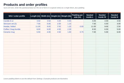 Box Size & Shipping Cost Optimizer: Spreadsheet · Products